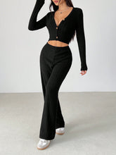 Black Ribbed Knit Cardigan & Flare Leg Knit Pants Two Piece Set